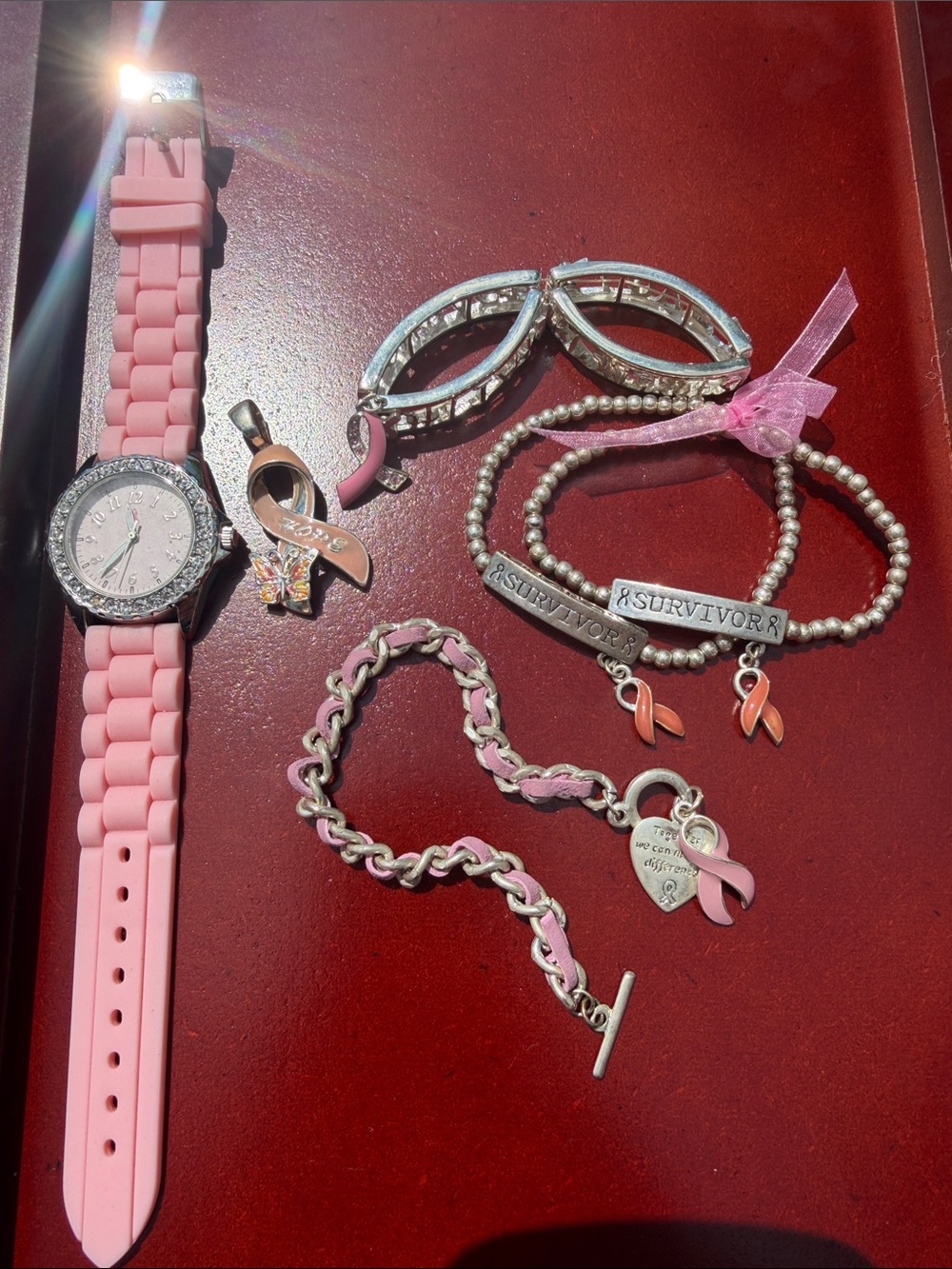 Pink Silicone Watch and Breast Cancer Awareness Jewelry Set